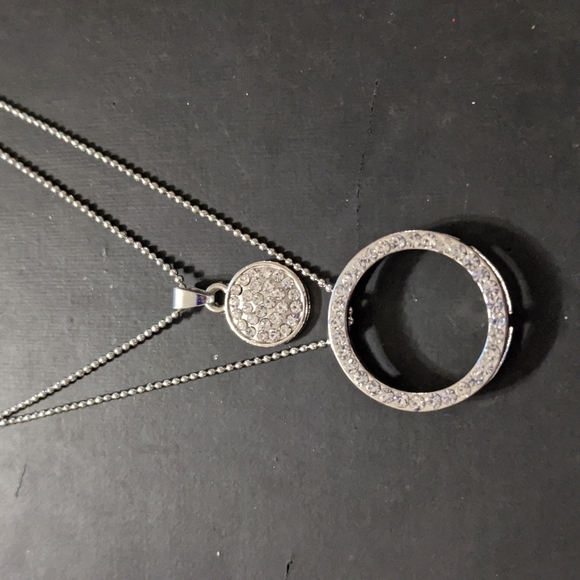 Silver Tone Clear Rhinestone Double Strand Statement Necklace and Earrings Set - Picture 2 of 3